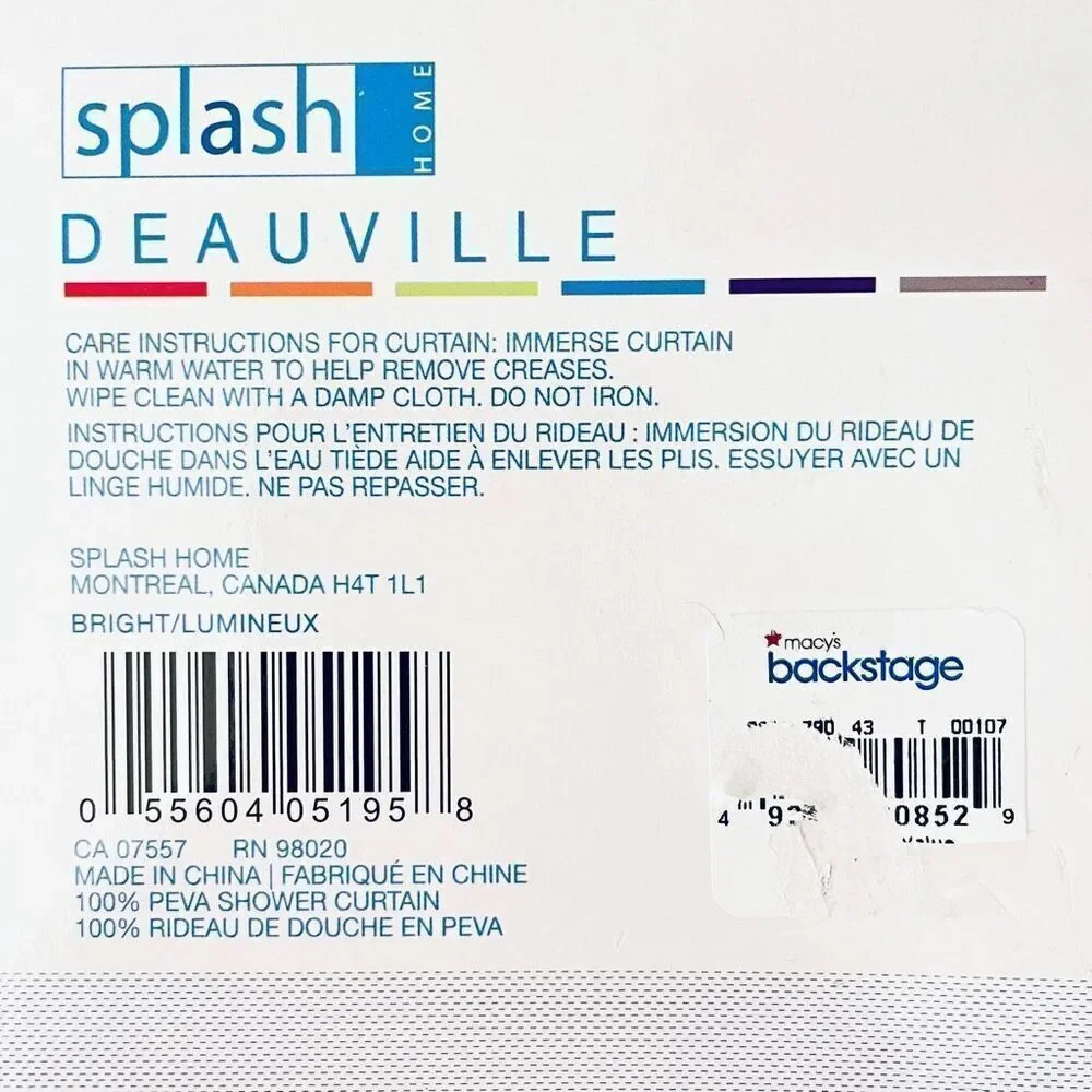 NWT Splash HOME Peva DEAUVILLE White, Blue, Green, Yellow & Black Shower Curtain